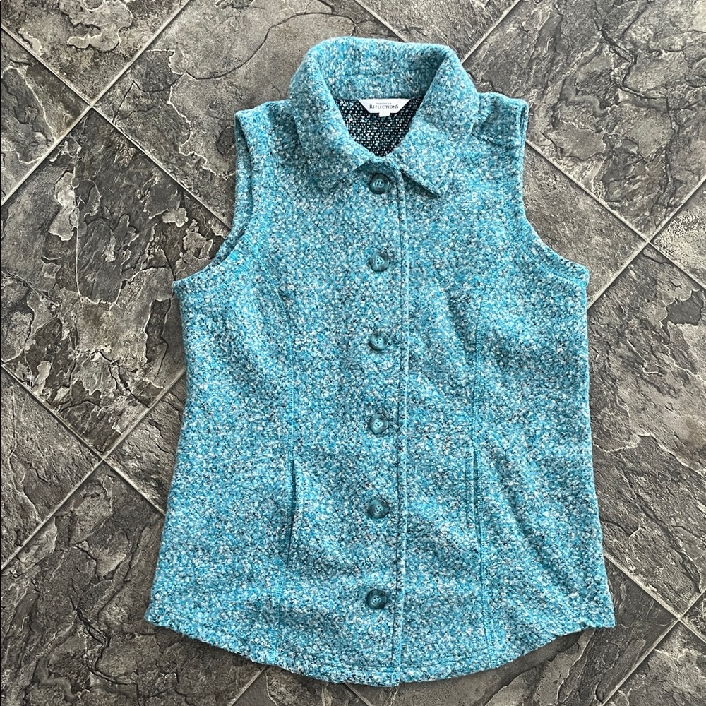 TRADITION Women's Speckled Turquoise Boucle Nubby Vest Cottagecore Coastal Cozy